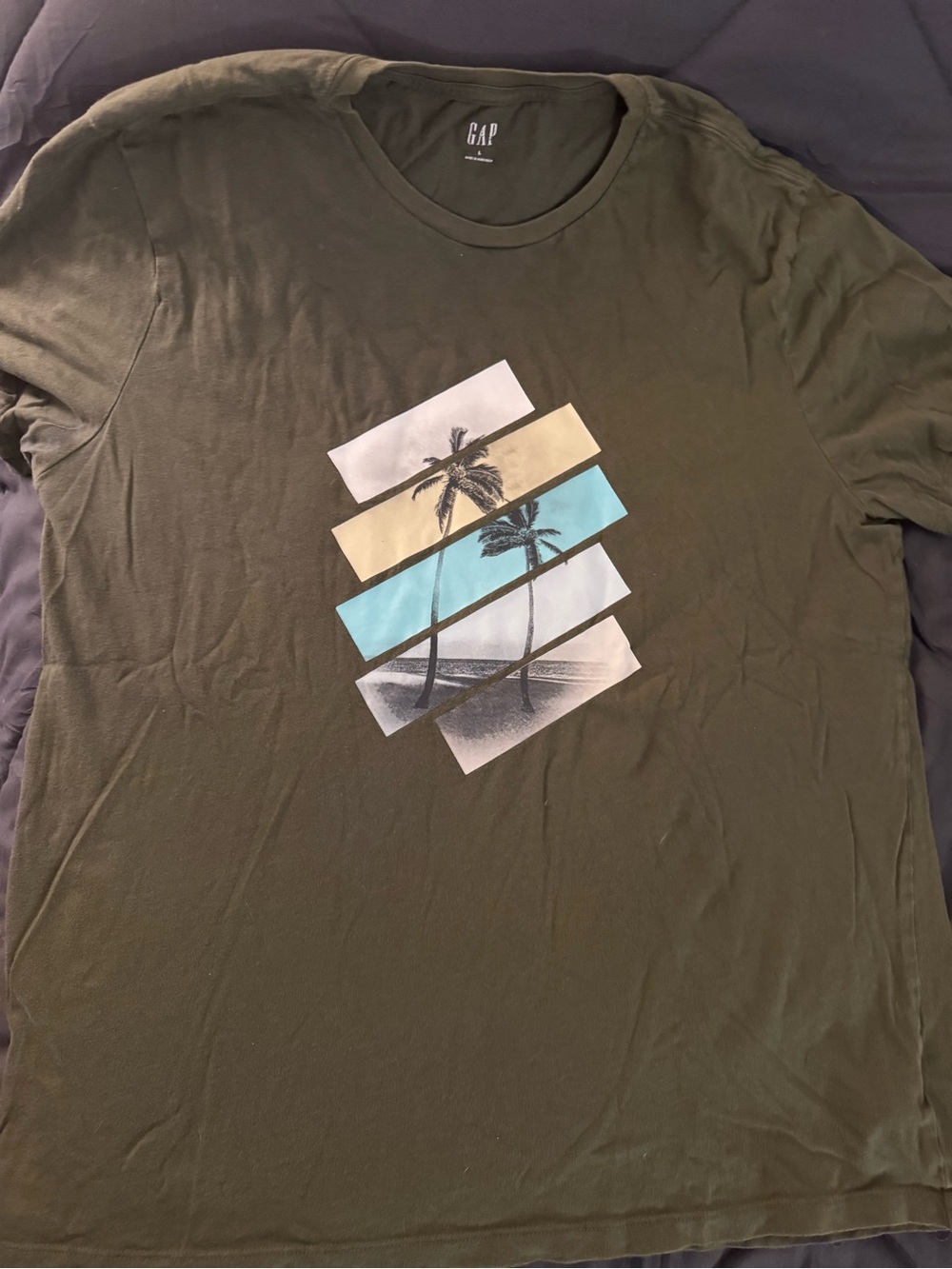 GAP Olive Green Palm Stripe Graphic Tee